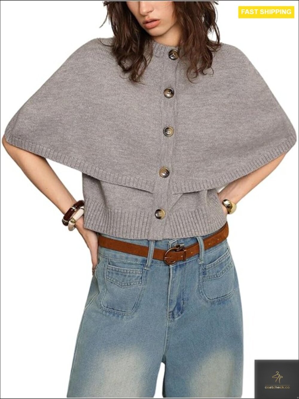 Cropped Ribbed Cardigan Button Front Crewneck Cape Sweater Jacket Chic Retro